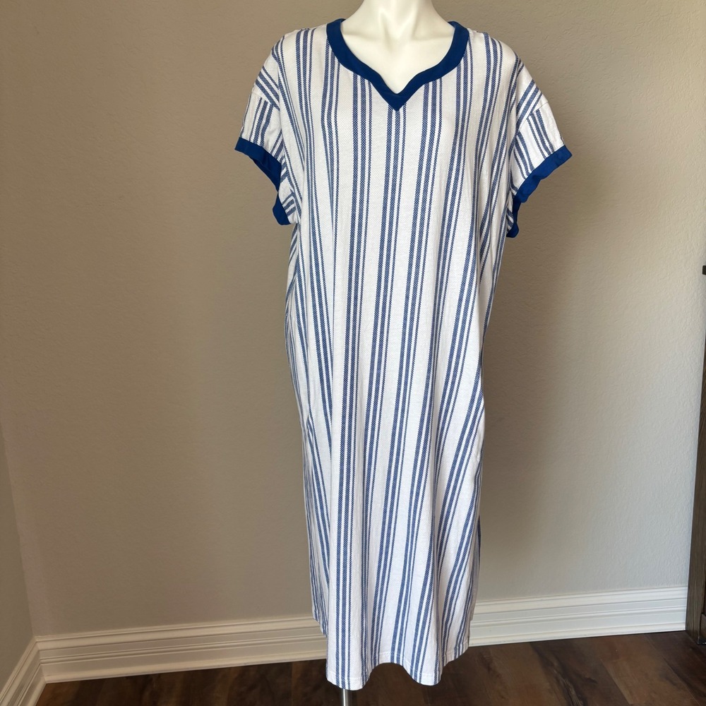 Stan Herman Women's Sz PXL The Hamptons V-Neck Kaftan Nautical Blue White Stripe